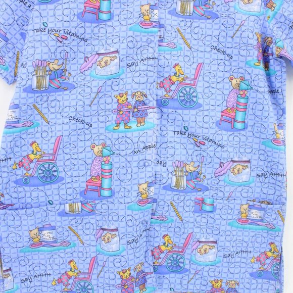 Simply Basic Scrub Top Womens Blue Cartoon All Over Print V Neck Size Small S - Picture 4 of 9